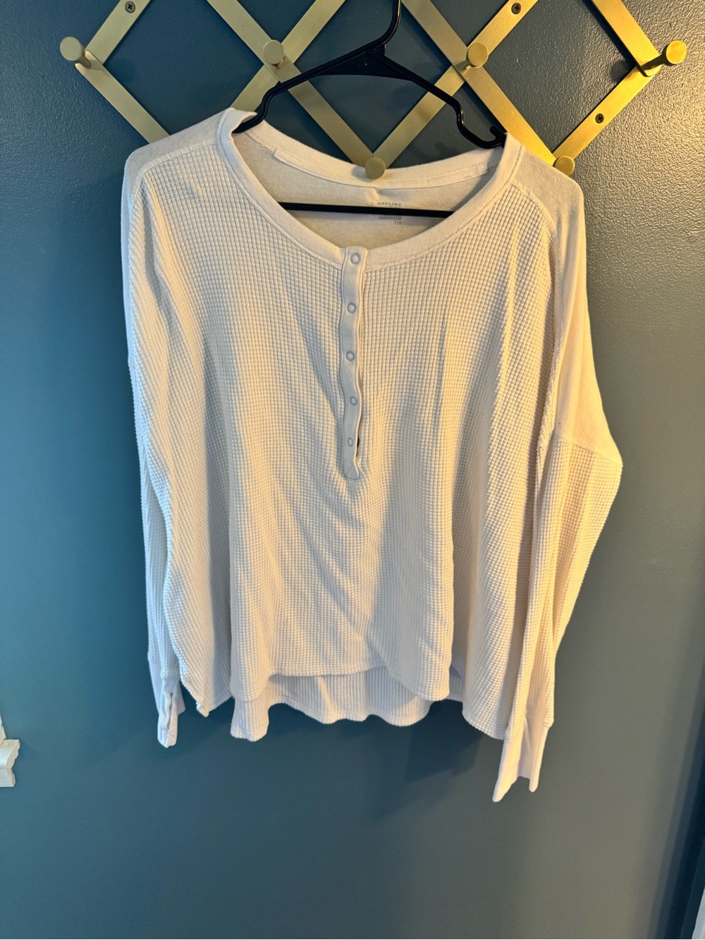 aerie White Waffle-Knit Henley Long Sleeve Top